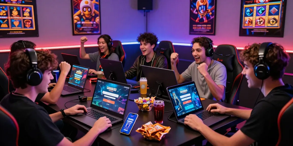 Players excitedly engaging in GARUDA303 login for online gaming, surrounded by vibrant atmosphere and gaming props