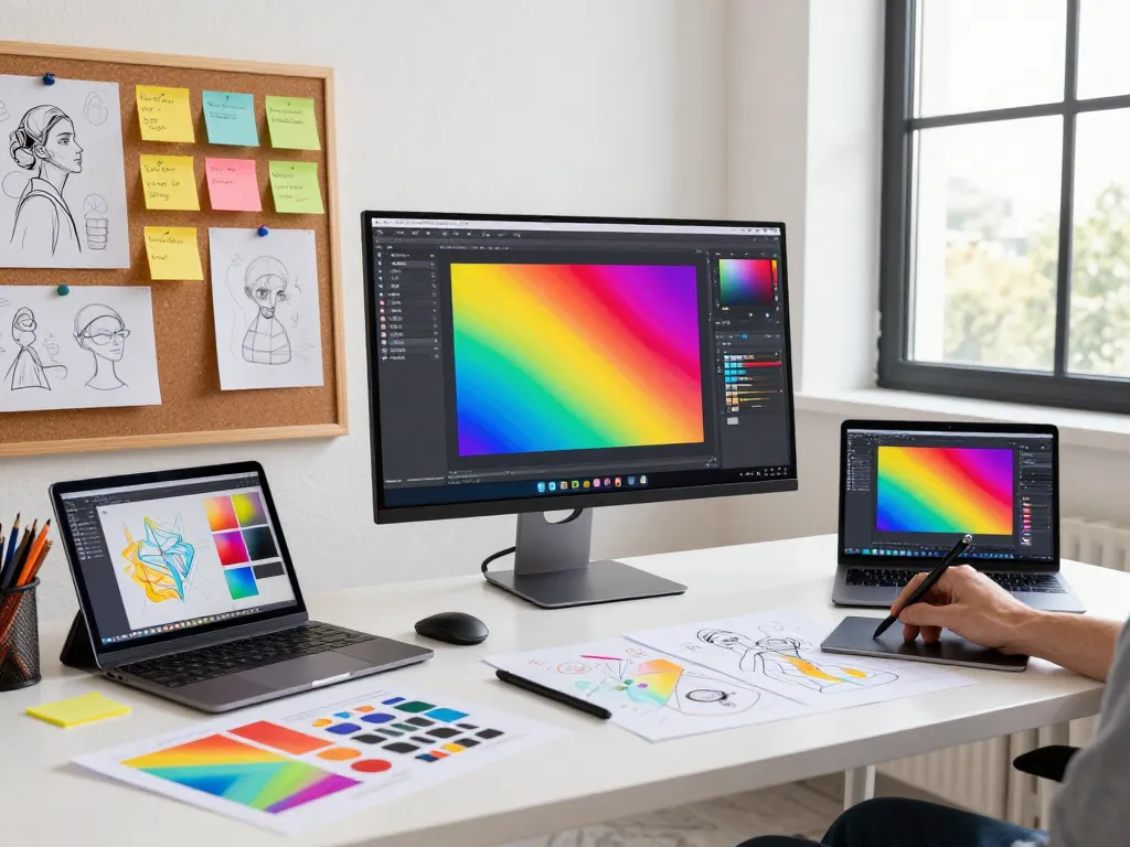 Artist utilizing nano banana pro AI image editor in vibrant creative workspace with design tools