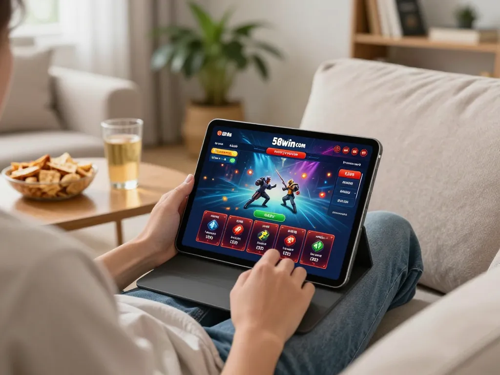 A player engaging in online gaming on 58win com tablet, showcasing vibrant casino interface in a cozy home setting.