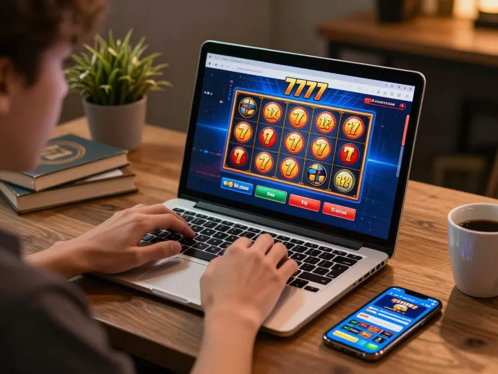 Player interacting with slot777 casino interface on laptop, showcasing engaging online gaming atmosphere.