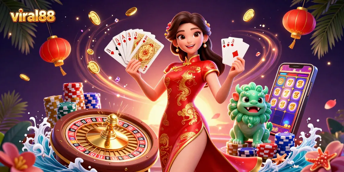 Experience excitement in viral88 with stunning visuals of a gambling scene featuring golden coins, cards, and rich decorations.