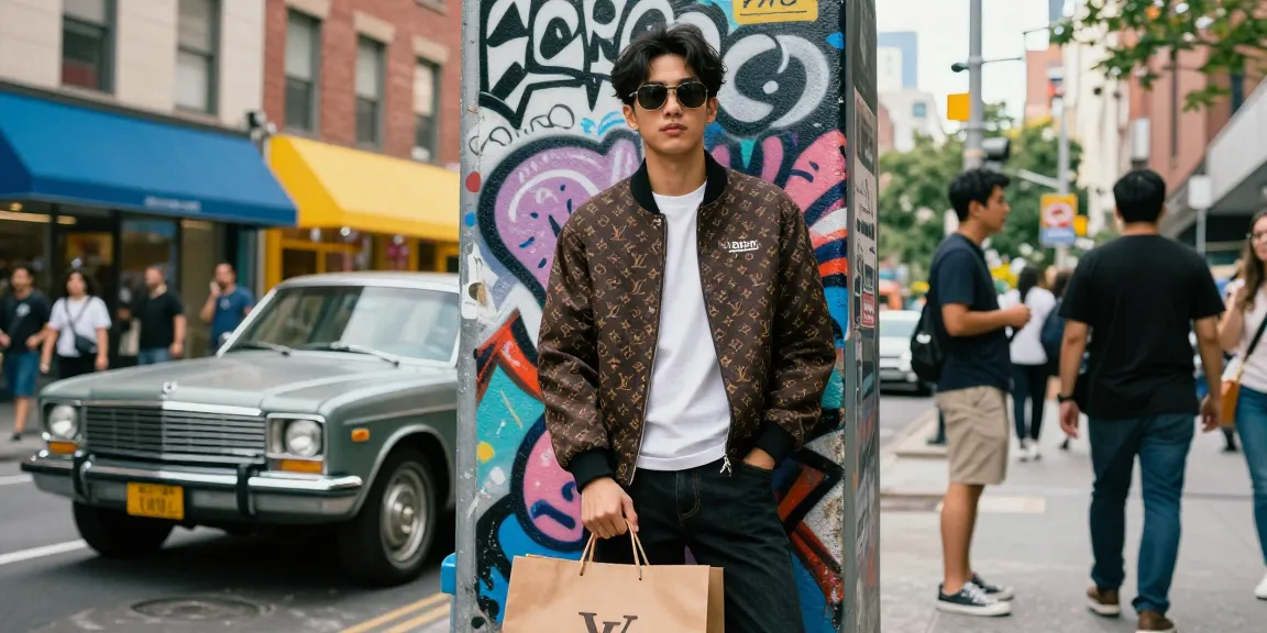 Stylish individual wearing 명품 레플리카 in vibrant urban setting, showcasing luxury street fashion.