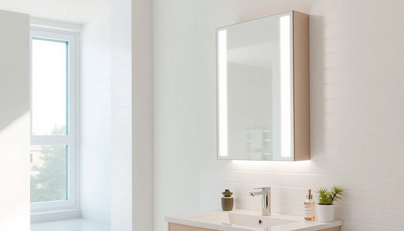 Praktischer spiegelschrank led mit eleganter Beleuchtung im modernen Badezimmer.