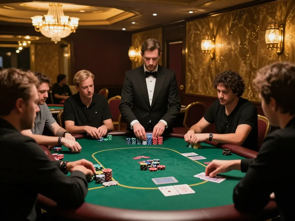 Players enjoying an intense poker game at SC88 casino, chips stacked high amid vibrant atmosphere