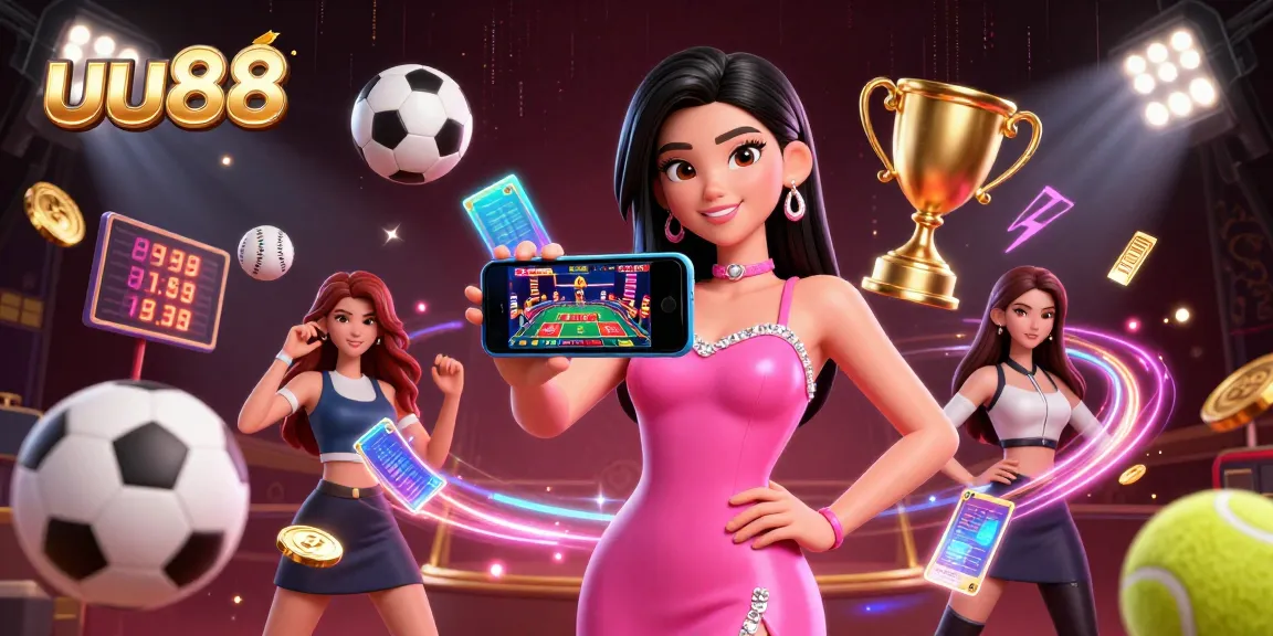 uu88 presents a stunning Asian woman engaging in live dealer games, surrounded by vibrant sports elements.