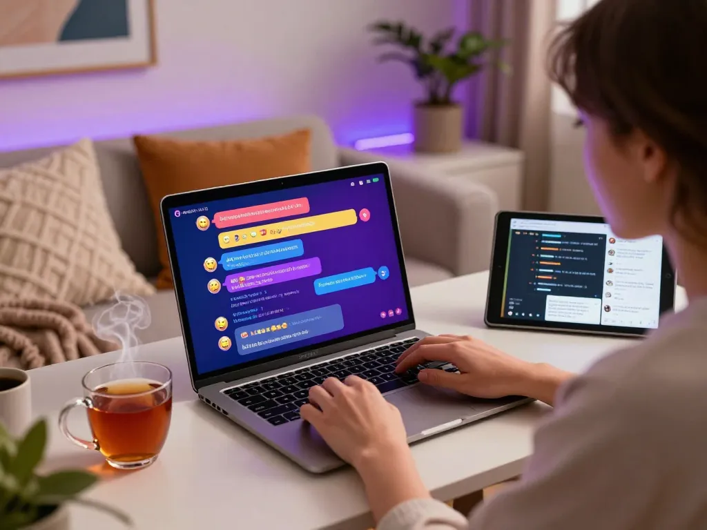 Engaging user in lively nsfw ai chat at cozy desk with ambient lighting.