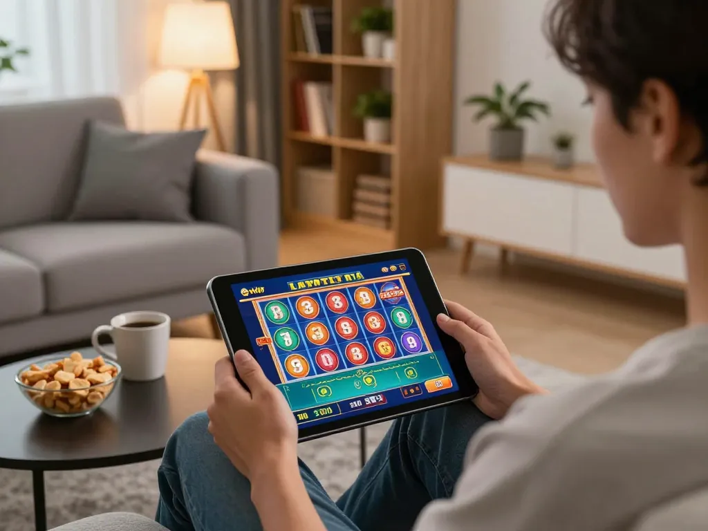 Engaged player on zx88com enjoying online casino slots from a cozy home setup