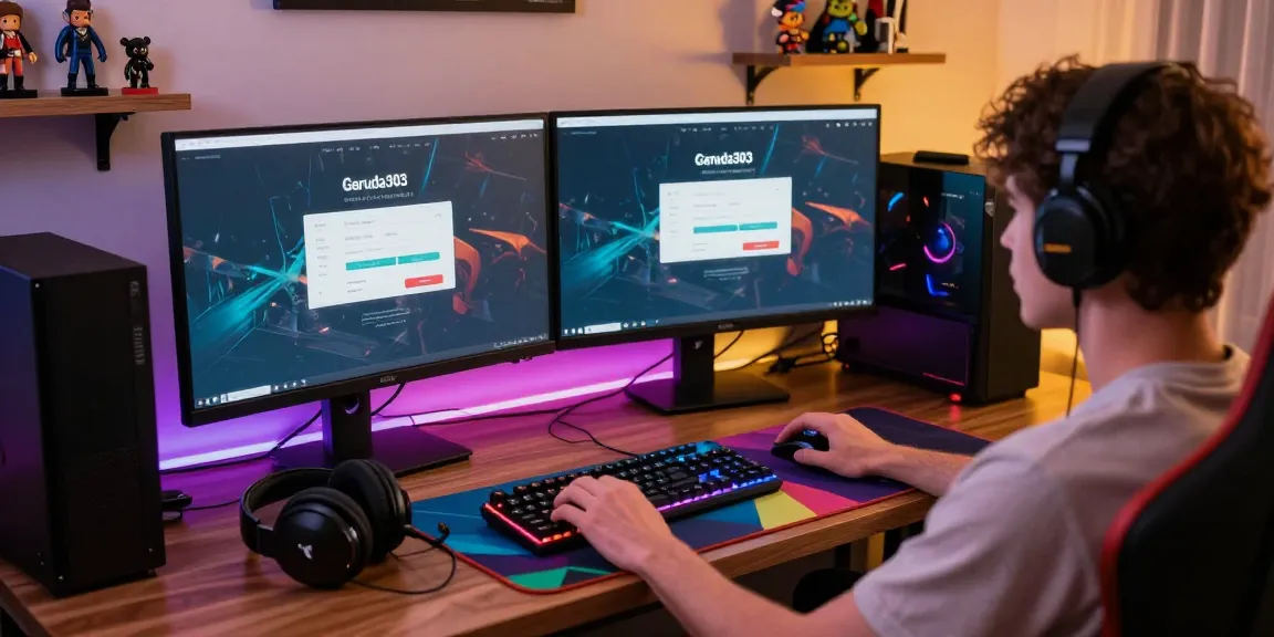 Garuda303 login process on a high-tech gaming workstation with vibrant ambient lighting and gaming gear.
