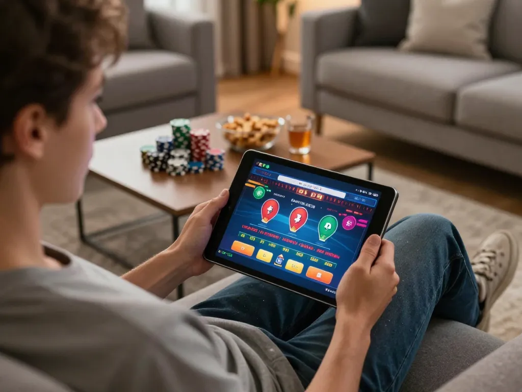 Engaged player using NHÀ CÁI CM88 tablet for an enjoyable online gaming experience, showcasing vibrant casino interface.