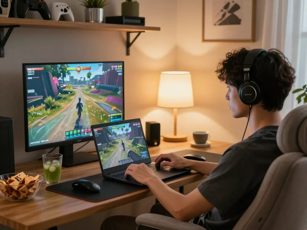 Engaged player enjoying a nsfw game on their laptop in a cozy home gaming setup.