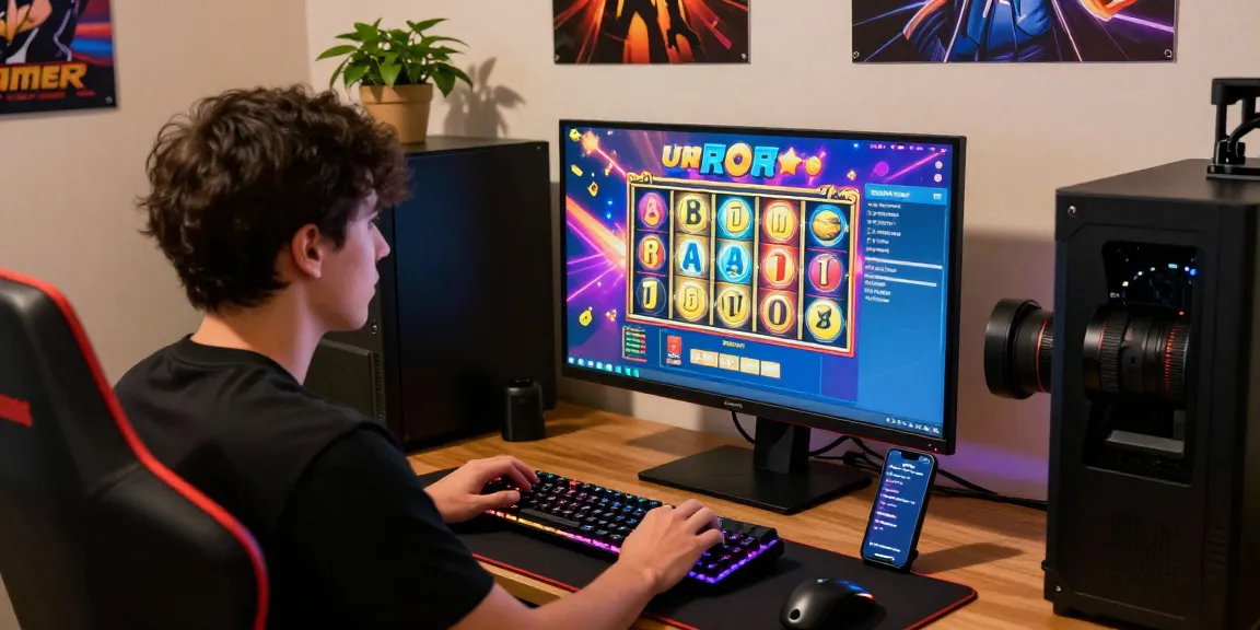 Engaging slot depo 5000 gaming setup with colorful reels, gaming chair, and vibrant atmosphere.