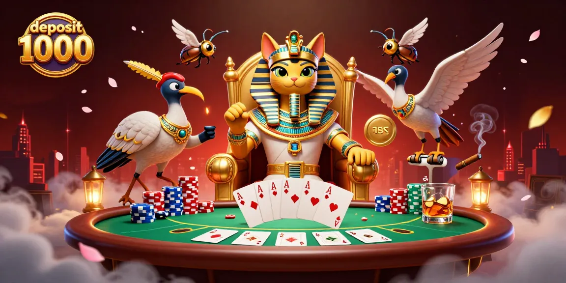 Gambarlah deposit 1000 dengan kucing firaun dan permainan poker yang meriah.