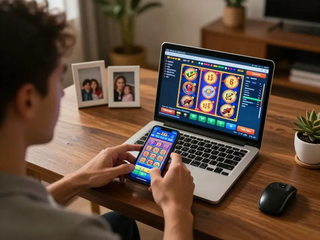 Engaging in online slots with kk55 on a smartphone, highlighting the exciting gambling experience in a comfortable home setting.
