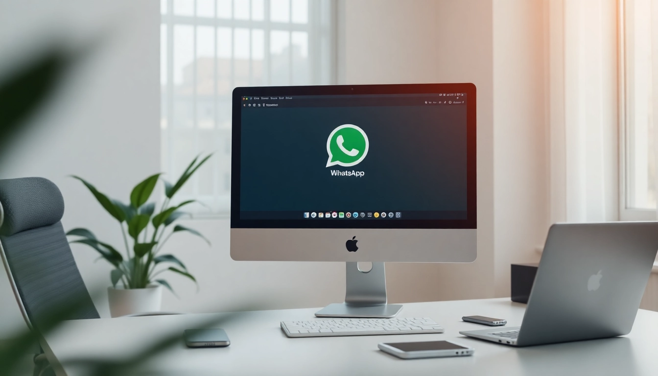 WhatsApp网页版界面显示在现代工作空间中的一台时尚桌面电脑上。