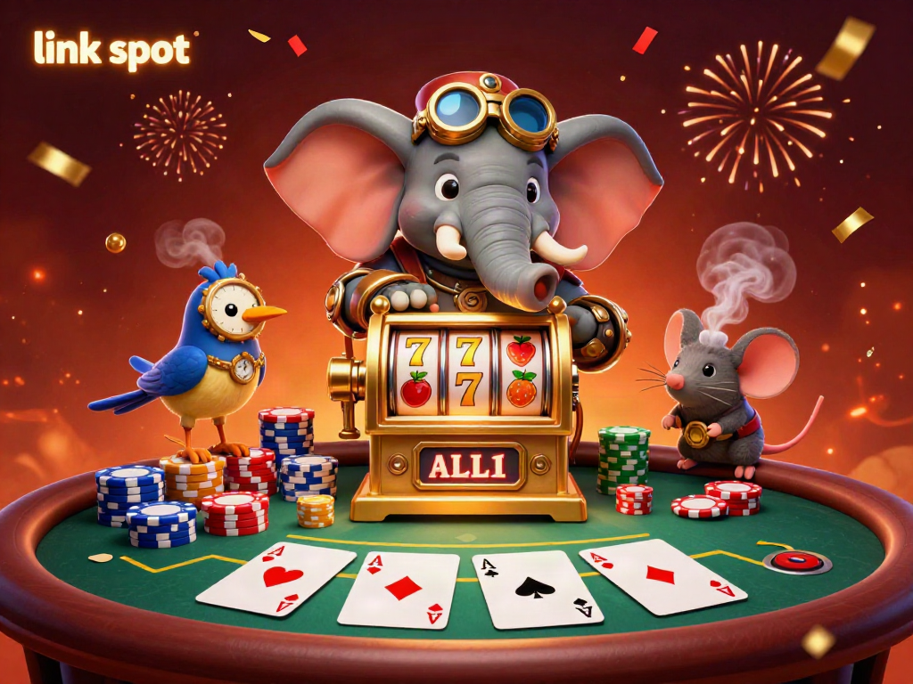 Spin the link slot with a steampunk elephant engineer operating a golden machine in a vibrant casino scene.