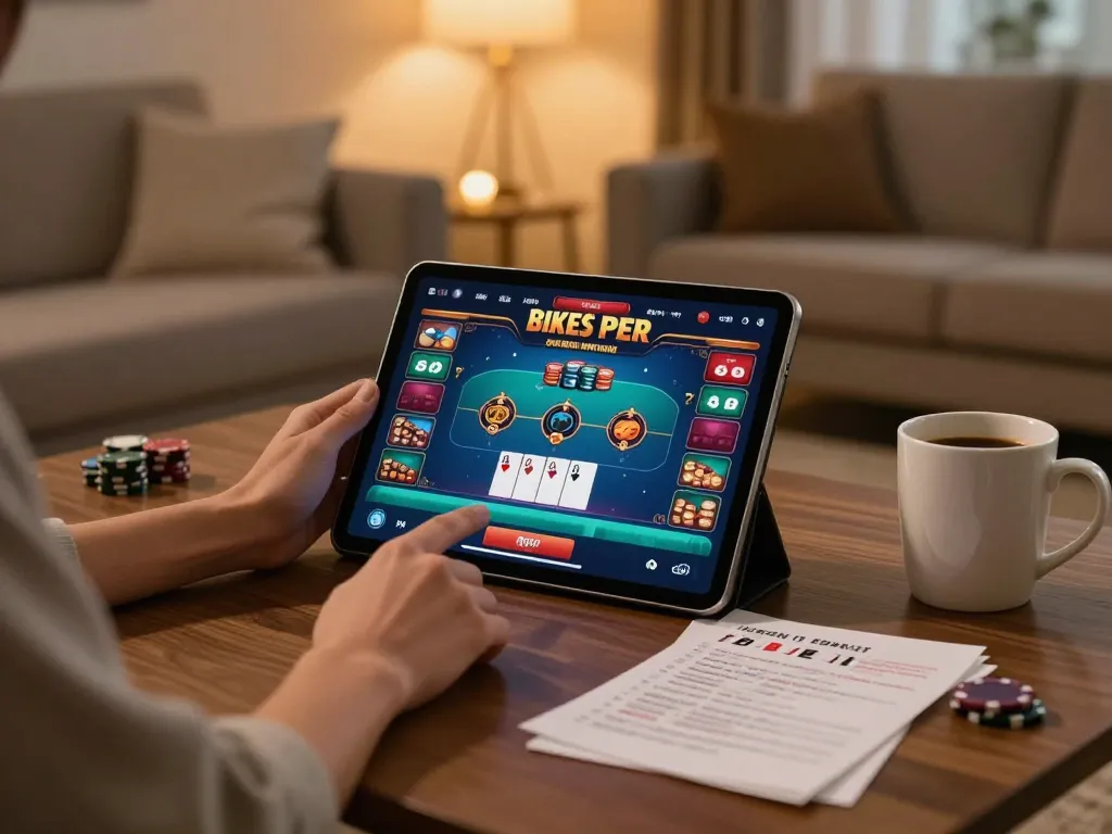 Engaging poker gameplay on a tablet by tg88 in a cozy home setting