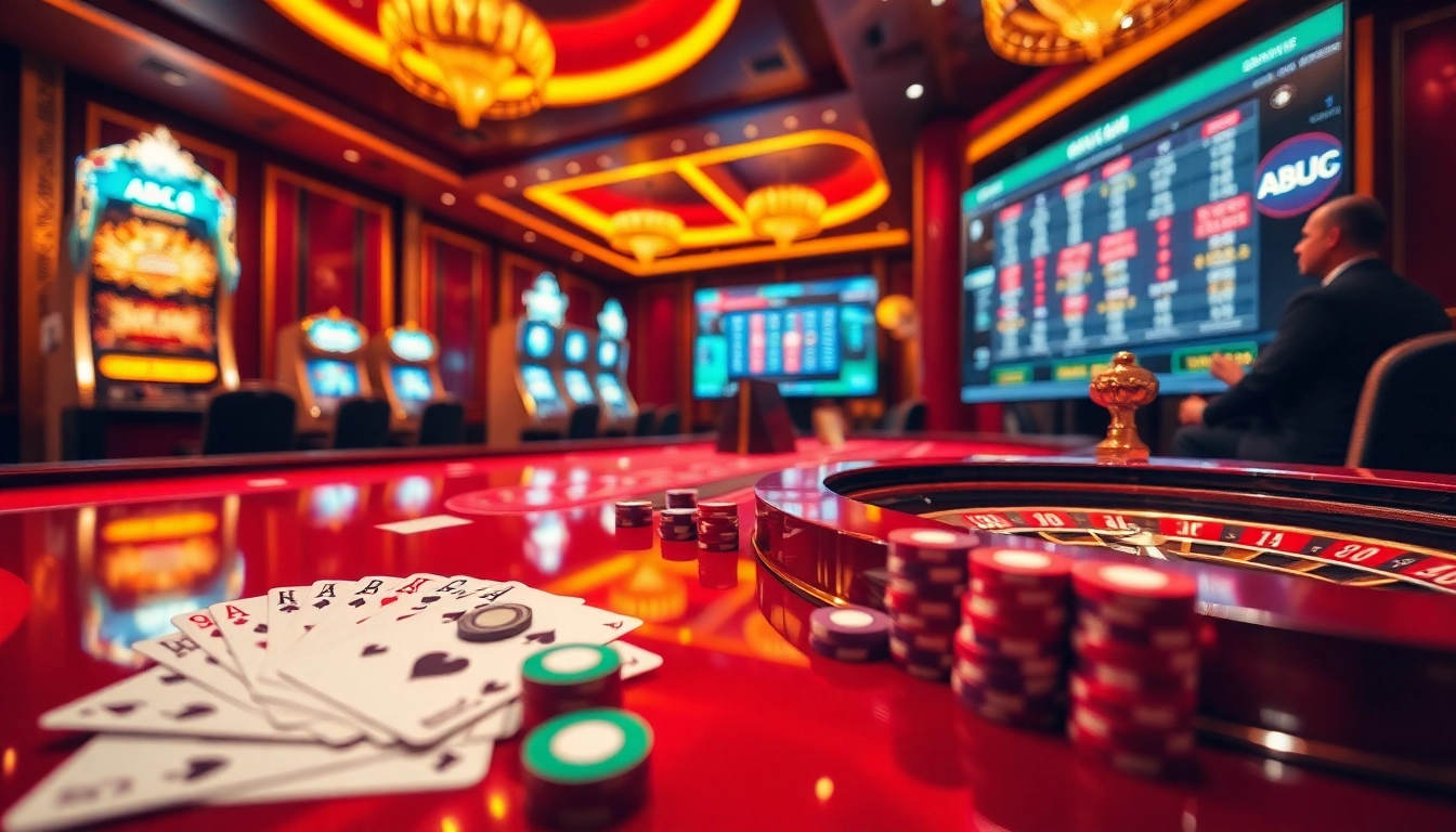 ABC8's luxurious casino scene featuring roulette wheels, slot machines, and poker chips under warm golden lighting.
