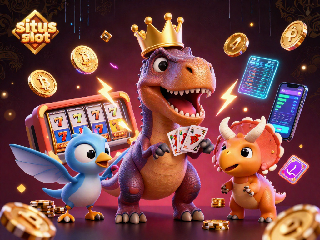 Situs slot characters celebrate winning with T-Rex shuffling cards, triceratops stacking chips, bright slot elements.