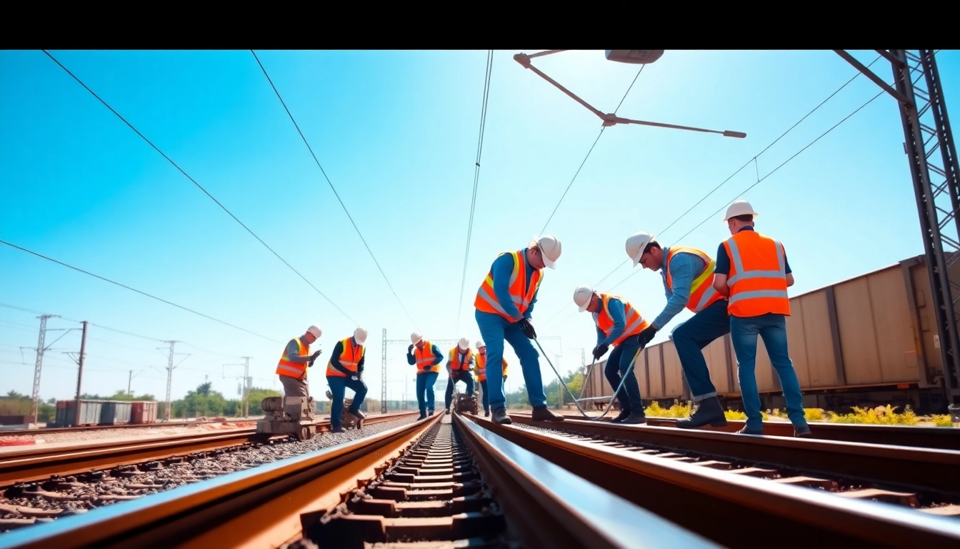 Workers performing railway maintenance on tracks with tools in a sunny outdoor setting.