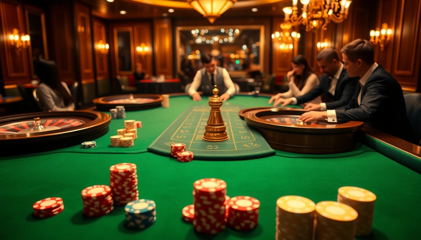 Une scène de casino en ligne dynamique présentant un casino en ligne France fiable rempli de jetons de poker, de roues de roulette et de joueurs enthousiastes.