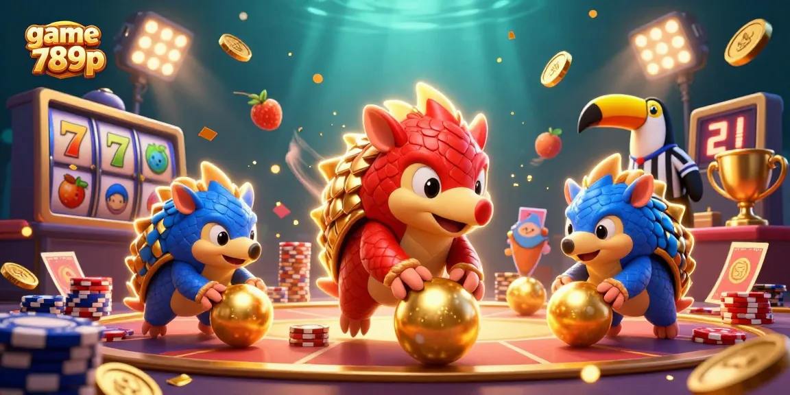 Engage with game 789p as rival pangolins compete amidst vibrant casino elements.