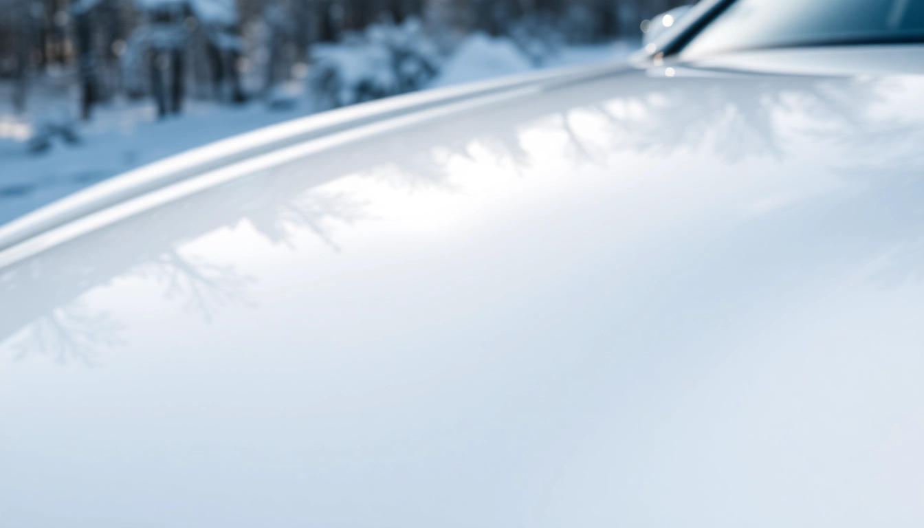 PPF winter road salt protection on a car hood in a snowy setting showing its glossy finish.