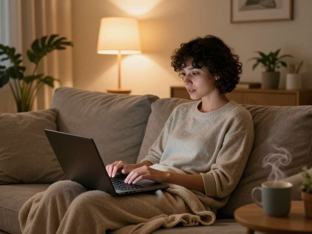 Engaging in sex AI chat on a laptop in a cozy living room.