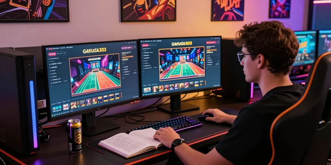 Engaged player using garuda303 login on dual monitors in a modern gaming setup.
