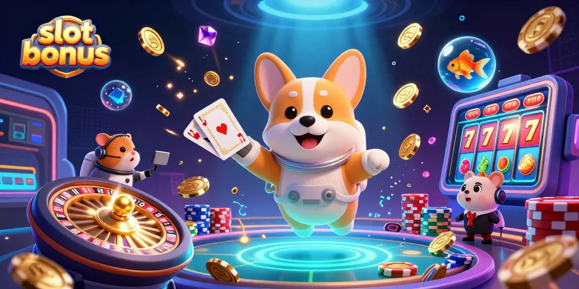 Experience the thrill of a slot bonus with a corgi astronaut in a vibrant casino scene.