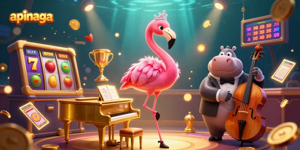 Engage with apinaga's 3D vibrant casino scene featuring a flamingo singer and hippo bassist.