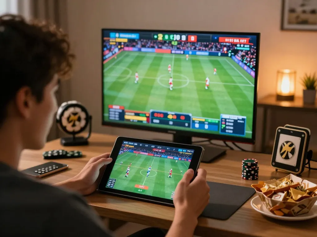 Engaging moment of a user placing bets on NHÀ CÁI MB88 while watching live sports, highlighting mobile gaming.