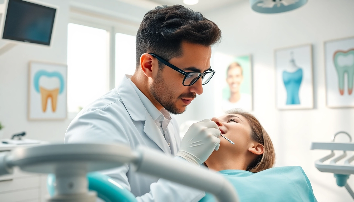Dentist examining a patient in a modern clinic with bright lighting and professional atmosphere.