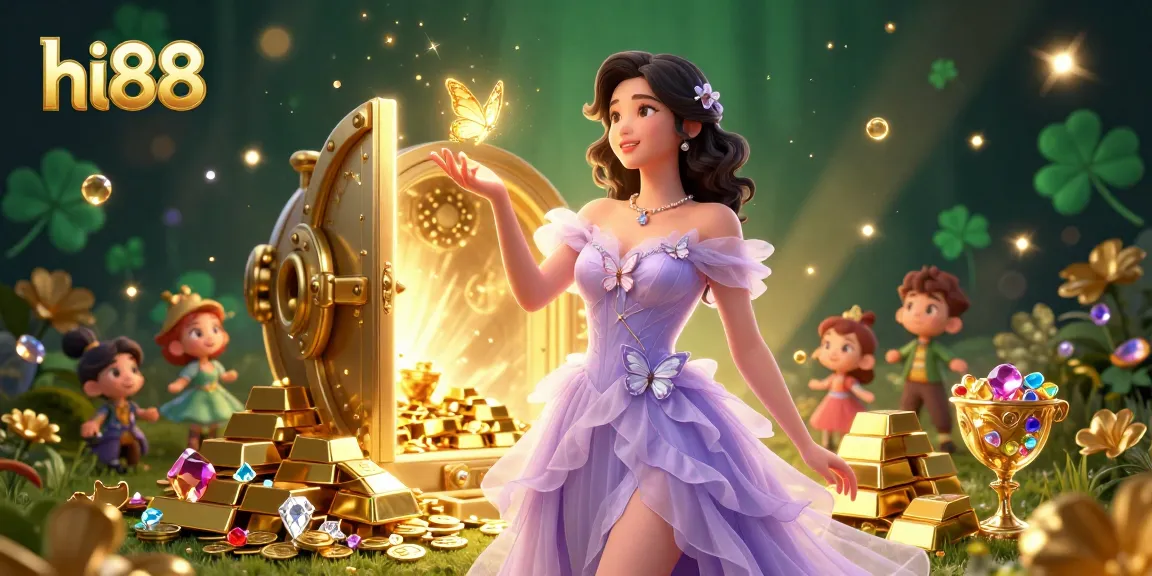 Experience the vibrant excitement of hi88 with stunning visuals featuring shimmering treasures and engaging casino elements.