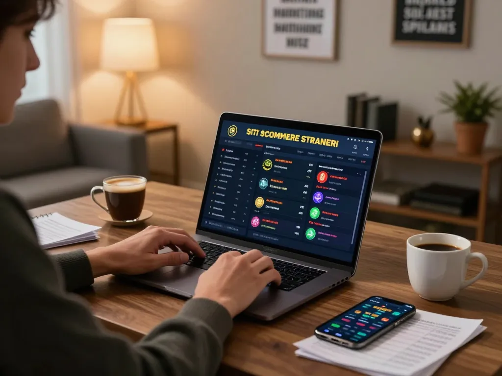 Siti scommesse stranieri showcased on a laptop during a focused online betting session in a cozy home office.