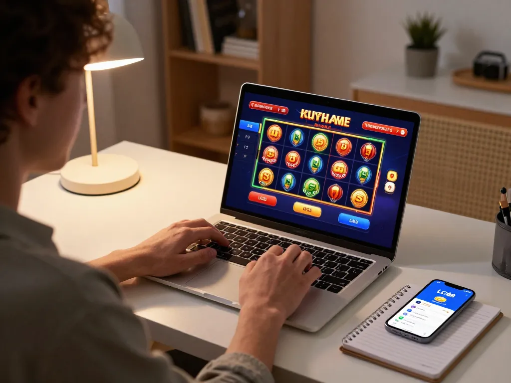 Engaged player using LC88 LINK on laptop while practicing gambling strategies and enjoying home gaming.