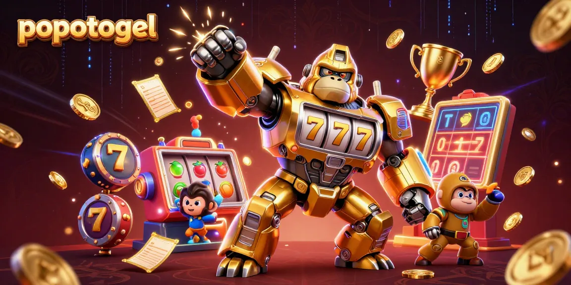 Experience popotogel with an exciting golden gorilla mech bursting with slot machine energy and coins.