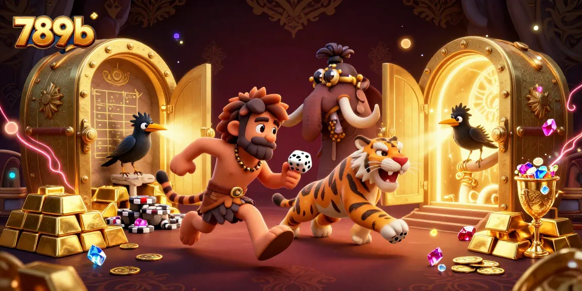 Engage in thrilling gameplay at 789b with cartoon caveman and tiger in a dynamic casino scene.