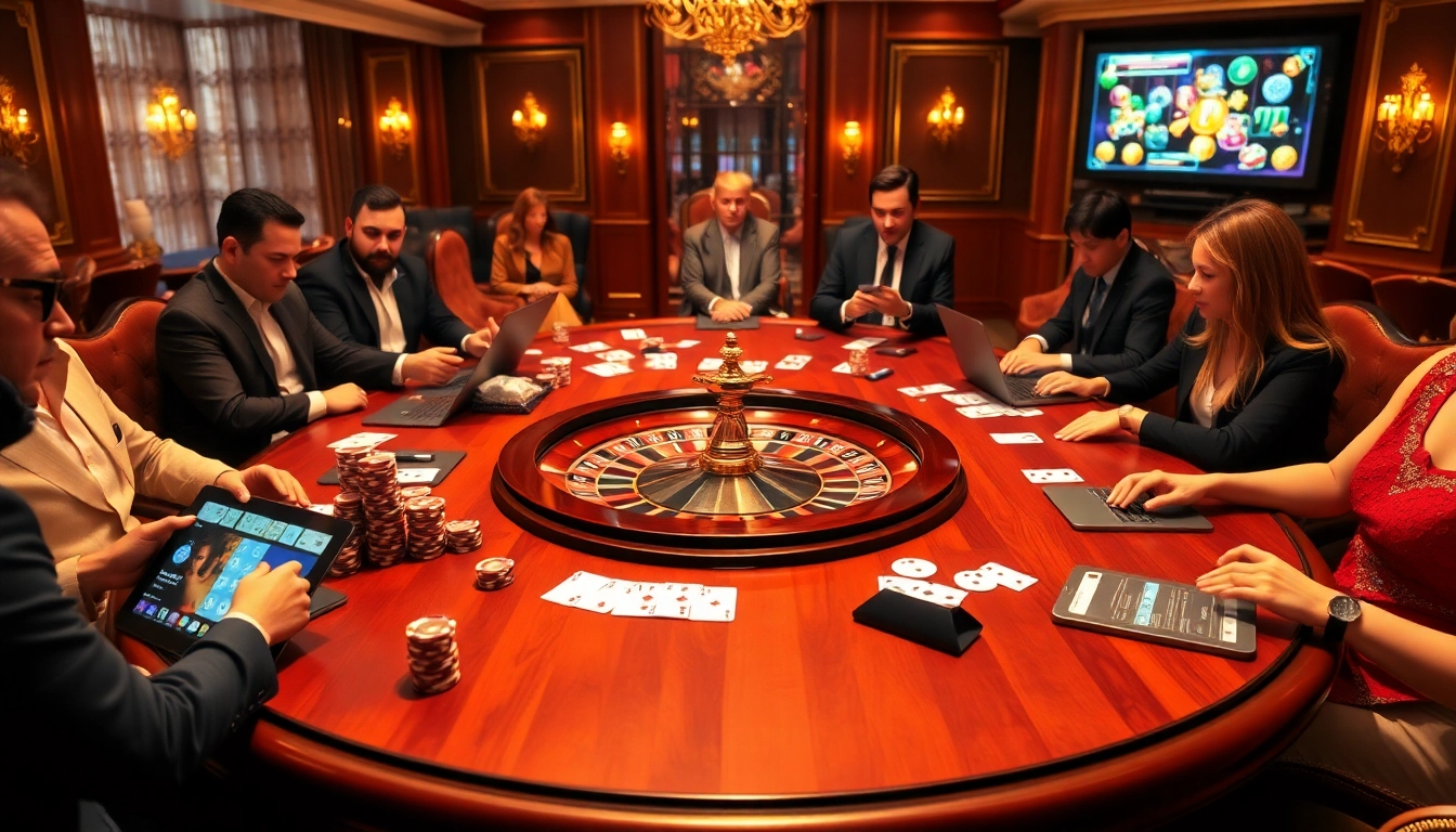 Une scène saisissante de joueurs profitant d'un casino en ligne France fiable à une table de jeu luxueuse avec des cartes, des jetons et une roue de roulette.