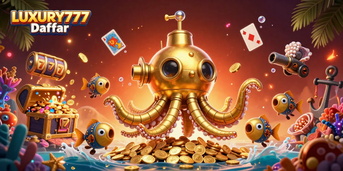 LUXURY777 Daftar meriah dengan kraken emas dan elemen permainan slot, penuh dengan koin emas.