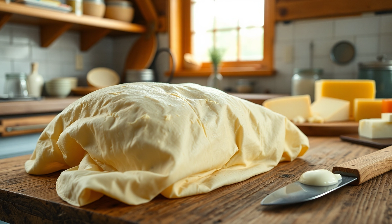 Kaasdoek op een houten aanrecht met diverse zuivelproducten in een warme keuken.
