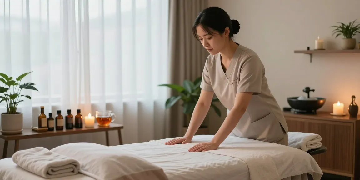 1인샵 massage therapy studio with calming elements and a professional therapist preparing a serene space.