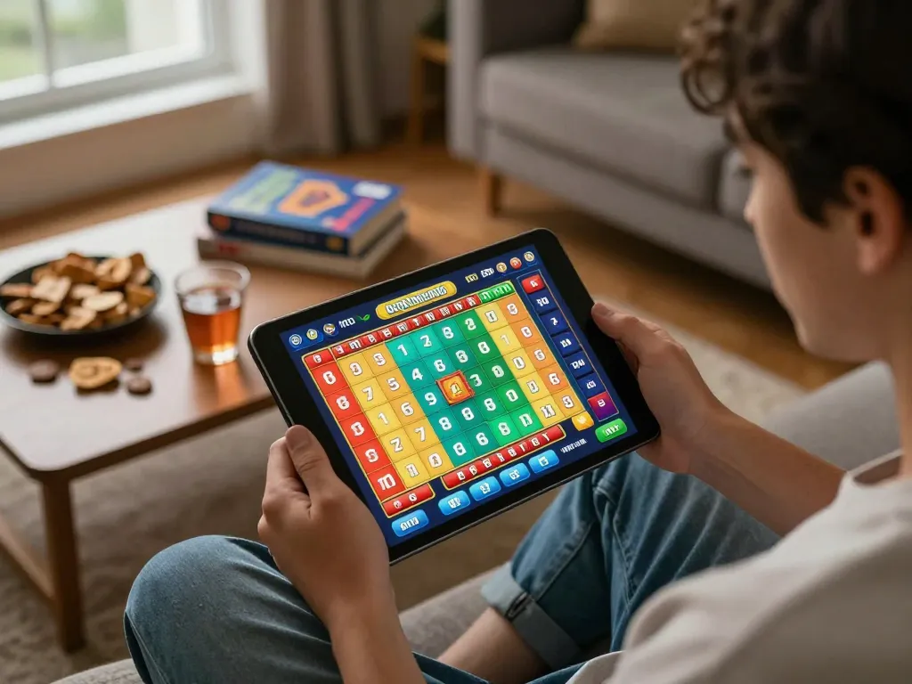 Bermain toto togel di tablet dalam suasana nyaman di rumah, menekankan perjudian yang bertanggung jawab