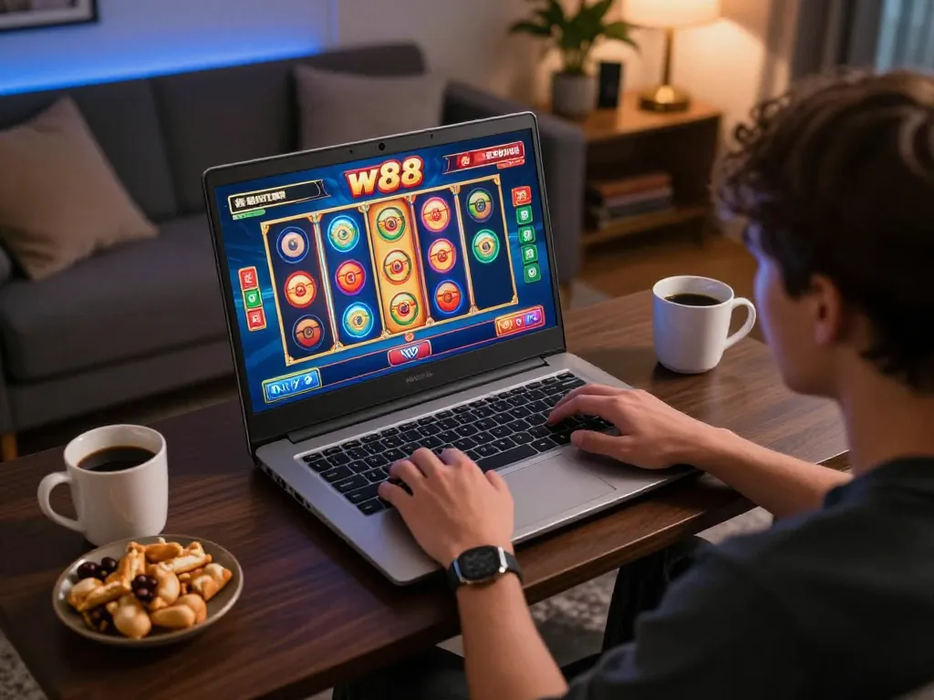 Player enjoying w 88 casino slots on laptop at home with snacks and cozy decor.