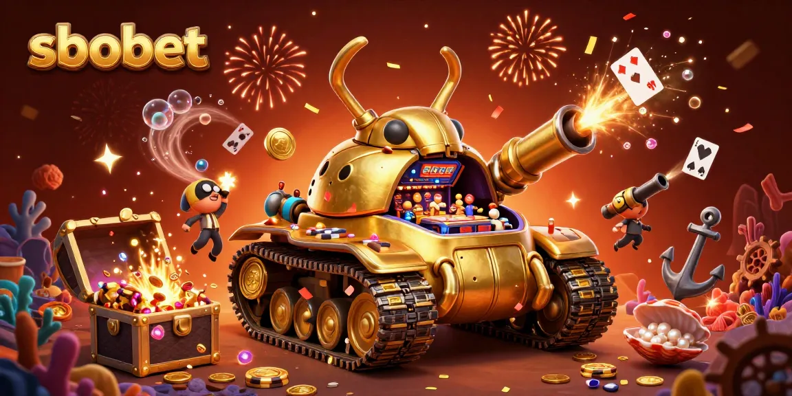 Experience sbobet excitement with a vibrant casino scene featuring a golden beetle tank and treasures.