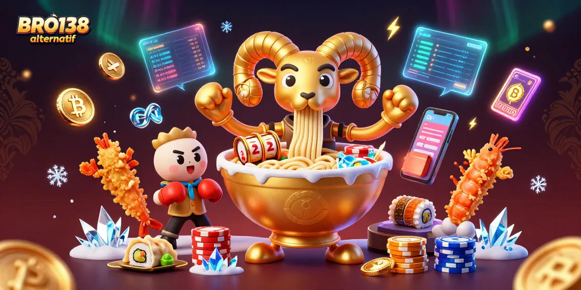 Engage with BRO138 alternatif as a dynamic casino adventure featuring a vibrant 3D ramen bowl dealer.