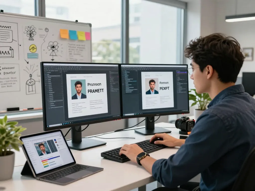 Generate image to prompt ai in a modern office with screens and creative tools.