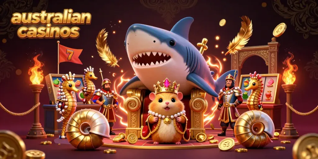 Engage with the vibrant scene of Australian online casinos featuring a golden hamster king and dynamic gaming elements.