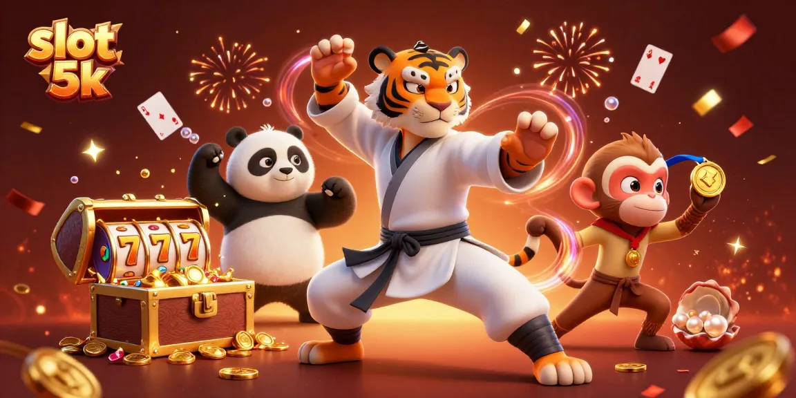 Experience the thrill of slot 5k with energetic characters and glimmering treasures in a vibrant casino scene.