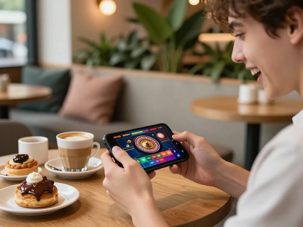 Engaging gameplay on sunwinapk app with vibrant roulette screen in cozy coffee shop.