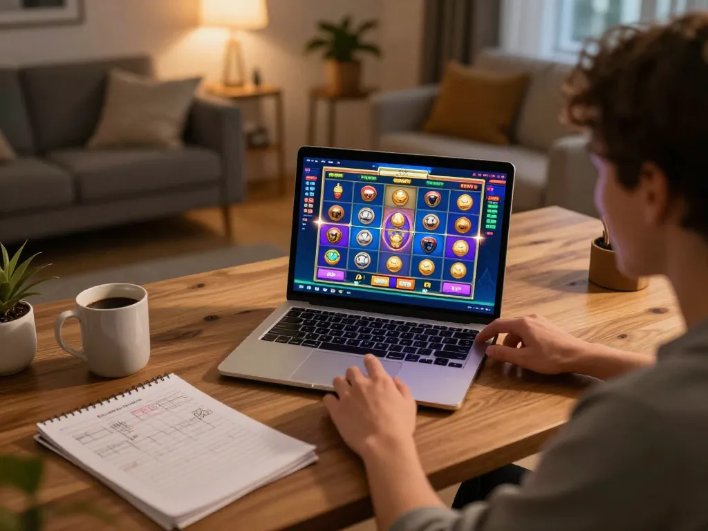 Exciting online slot thailand game being played at home with vibrant visuals and strategic notes.